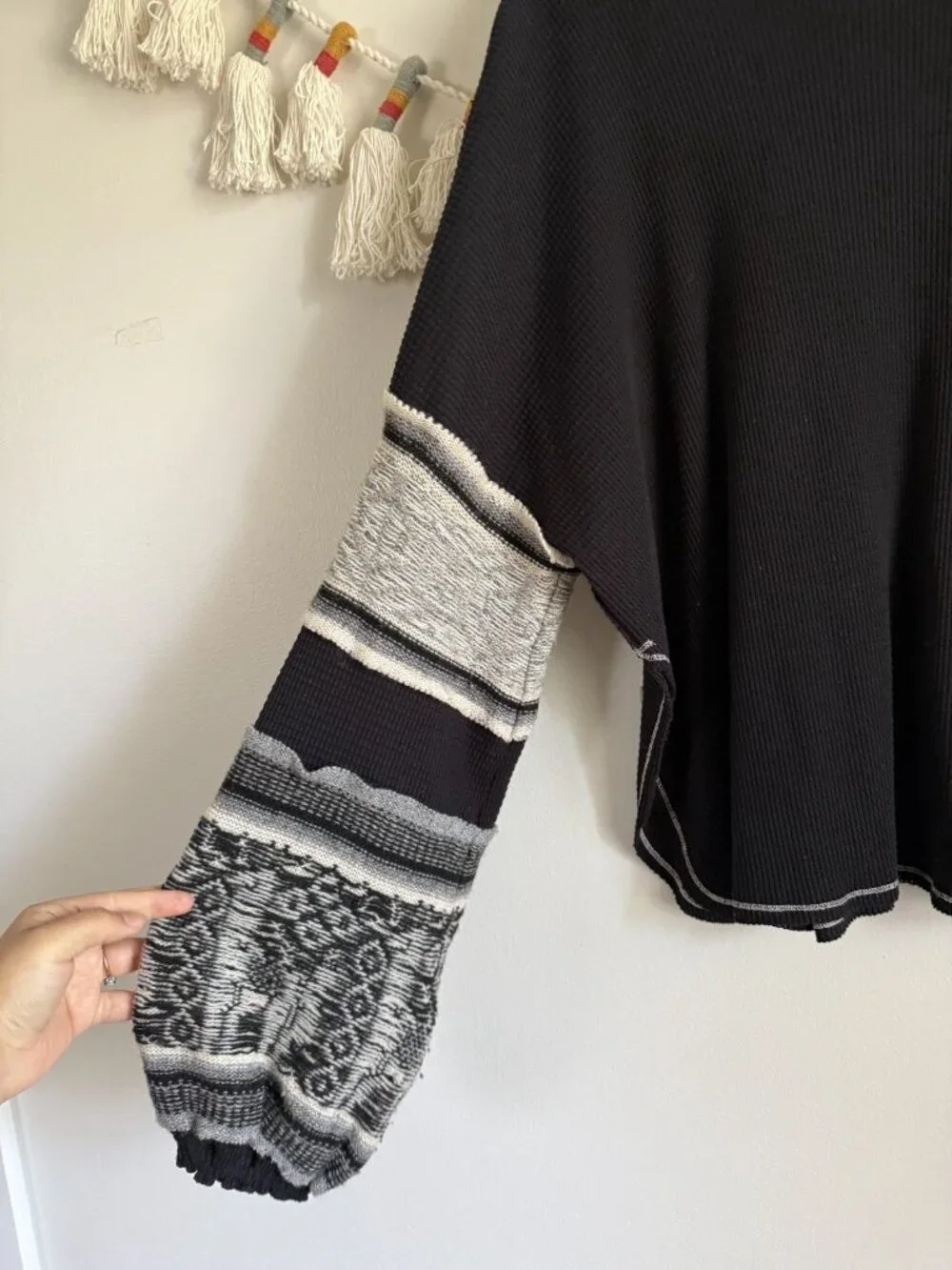 Free People Northern Lights Thermal Mock Neck Balloon Sleeve Top Boho Festival L